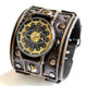 Wide double buckle leather watch cuff with steampunk watch face|Distressed black