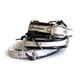 Back of black and white leather Apple Watch wrap band with adjustable silver-tone buckle, black cords, and distressed finish.