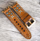 Handmade brown leather Apple Watch band with rivets and gray stitching