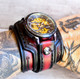 wide leather cuff watch with steampunk watch red and black men's watch