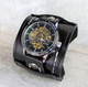 Black Steampunk Leather Watch Cuff with Double Strap Desing