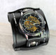 Black Steampunk Leather Watch Cuff with Double Strap Desing