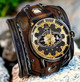 Men's leather cuff watch with gold watch