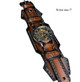 Aged brown full-grain leather cuff watch with black fading, skeleton automatic mechanical dial, handmade for 7-inch wrist.