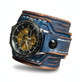 Skeleton automatic mechanical watch set into a navy leather cuff
