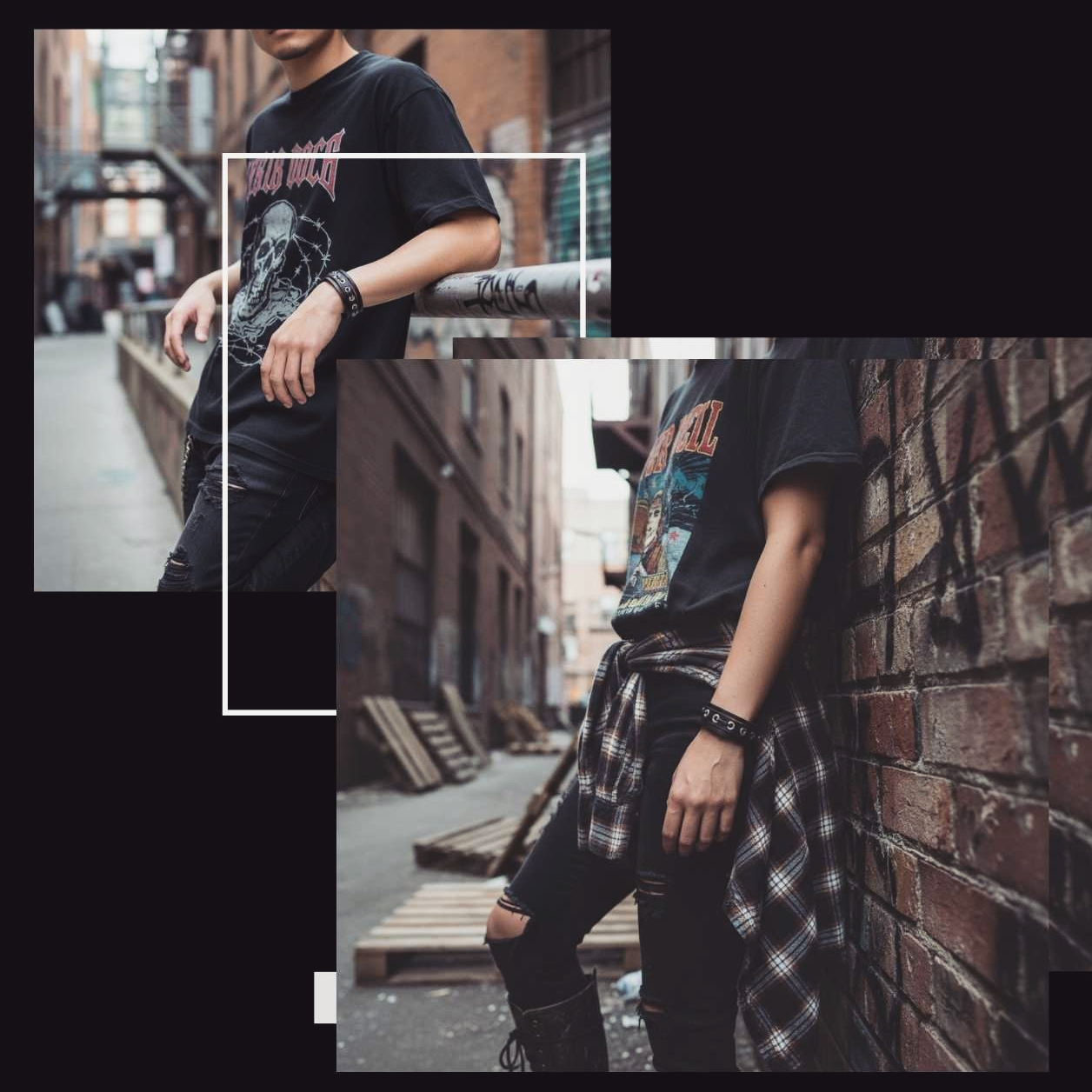 Man wearing a black leather watch band in an urban alley, collage-style fashion look.