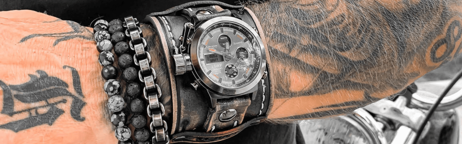 Handmade mens leather cuff watches with wide bands and steampunk styling