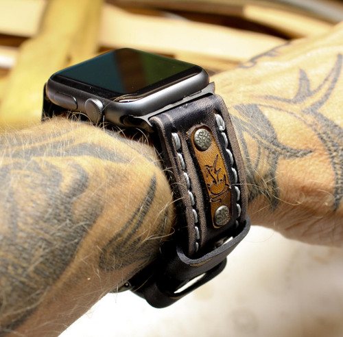 Black Leather Apple Watch Band Stars Strap Unisex Bracelet 