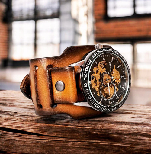 Rustic Steampunk Leather Cuff Watch - Handmade Full-Grain  display picture 1