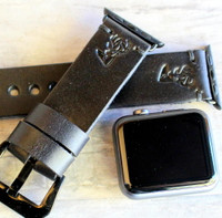 Black leather apple watch band with buck stamp