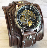 Steampunk leather watch cuff-Chocolate brown