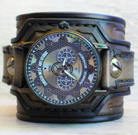 Army green wide leather cuff watch