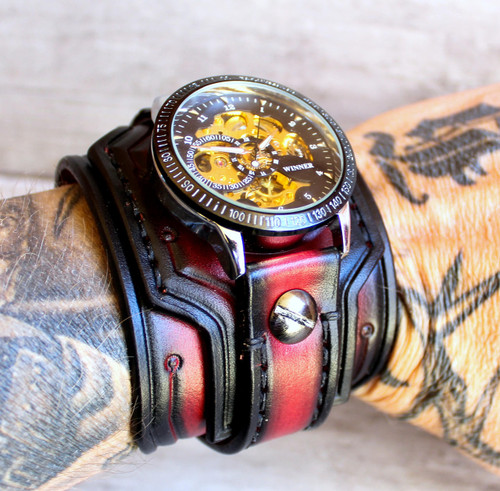 Wide Leather Steampunk Watch Cuff|Red and Black