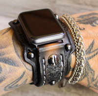 Distressed Leather Apple Watch Cuff - Rivetted Black and Brown