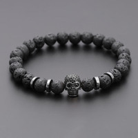 Black Lava Stone Skull Bracelet, Hematite Bead Bracelet