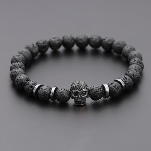 Black Skull - Lava Rock Beads Bracelet - OSFM