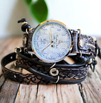 Steampunk leather wrap watch with blue dial