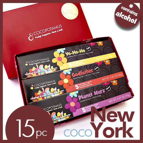 CocoNewYork: 5 pc each of Planet Marz (toasted almond with Kirsch dark chocolate truffles), Yo-Ho-Ho (Caribbean dark rum dark chocolate truffles), and Godfather (Italian espresso, rum and almond dark chocolate truffles) CocoNewYork: 5 pc each of Planet Marz (toasted almond with Kirsch dark chocolate truffles), Yo-Ho-Ho (Caribbean dark rum dark chocolate truffles), and Godfather (Italian espresso, rum and almond dark chocolate truffles)