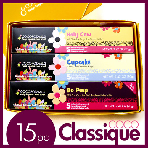 CocoClassique handmade chocolate truffle set. Contains 5 pc truffle box each of Bo Peep, Cupcake, and Holy Cow.