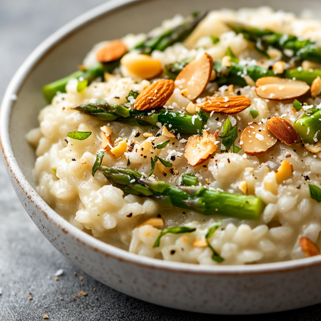 Coconut Asparagus Risotto with Toasted Almonds (Vegan)