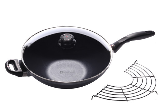 Swiss Diamond HD Nonstick Wok + rack 32 x 9.5cm 5L (15cm Flat Solid Base) with Glass vented Lid