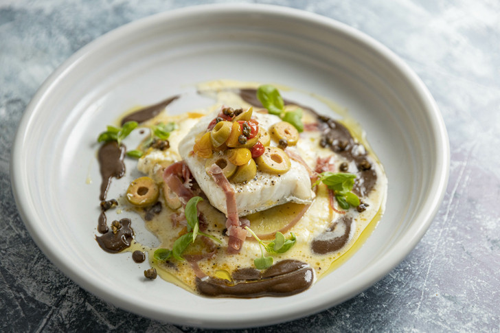 Cod with Black Garlic Cream, Stracciatella & Prosciutto Di Parma