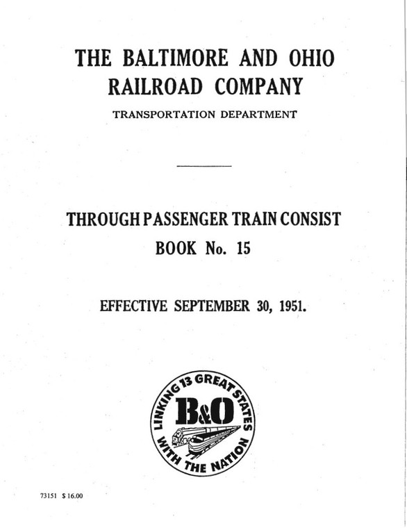 1951 B&O PASSENGER TRAIN CONSIST BOOK