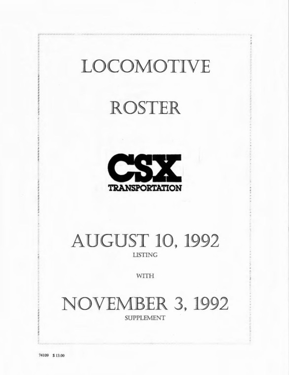 CSX Loco Roster, Aug 1992 W/Nov 1992 Supplement