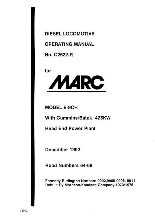 Diesel Locomotive Operating Manual No. C2622-R for MARC Model E-9CH December 1992