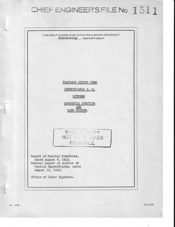 VP of Engineering Report 1511, Trackage Rights, Anacostia Jct to Long Bridge, 1942