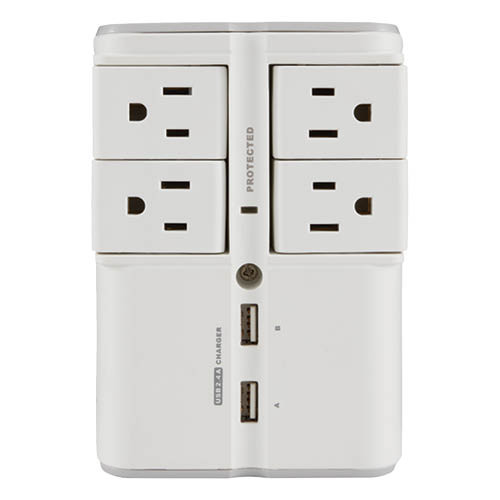 On-Wall Surge Protector with 4 rotating outlets and 2 USB Ports- White