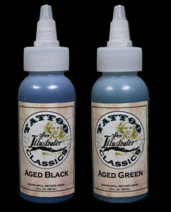 Premiere Products Skin Illustrator Tattoo Liquids in Aged Black and Aged Green. Sold by Norcostco. Premiere Products Skin Illustrator Tattoo Liquids in Aged Black and Aged Green. Sold by Norcostco.