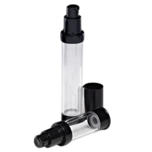 Airless bottle with pump (cap off). Sold by Norcostco. Airless bottle with pump (cap off). Sold by Norcostco.