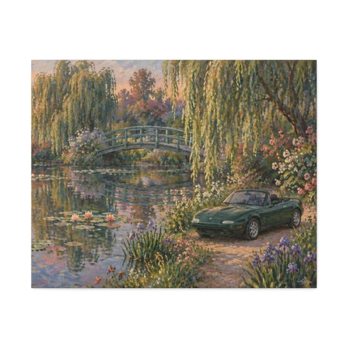 BRG Miata at Monet's Garden Vintage Roadster by the Lily Pond – Stretched Canvas Wall Art