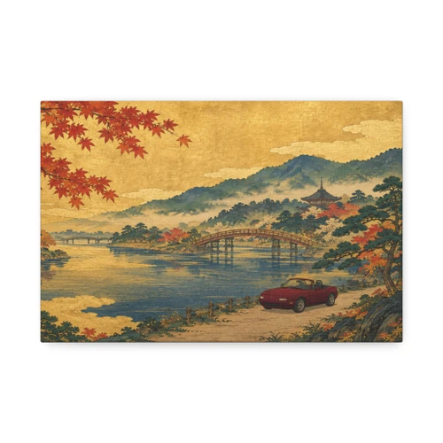Miata Vintage Autumn Japanese Landscape Canvas Print — Retro Car by Bridge (Stretched 1.5")