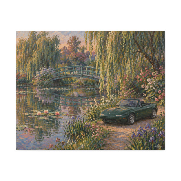 BRG Miata at Monet's Garden Vintage Roadster by the Lily Pond – Stretched Canvas Wall Art