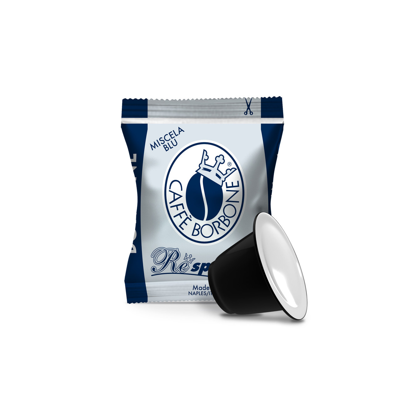 Caffè Borbone Miscela Blu Capsule compatible with Nespresso® Original coffee machines, made in Naples, Italy, silver and navy wrapper.