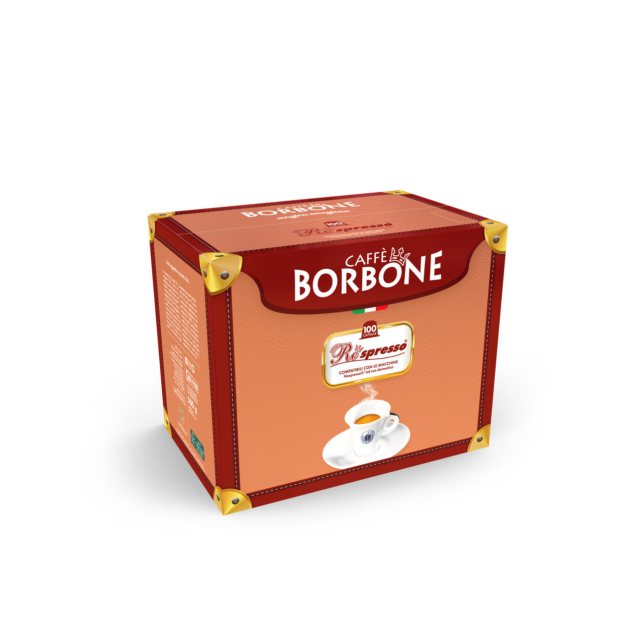 Caffe Borbone Miscela Oro - Nespresso®* OriginalLine Compatible Capsules, box of 100 coffee capsules with coffee cup illustration on package.