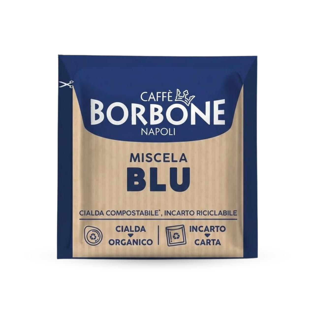 front of an individually wrapped Caffe Borbone paper pod. Ground Coffee Espresso Pods, recyclable wrap, Miscela blu (blue blend), 100% eco friendly