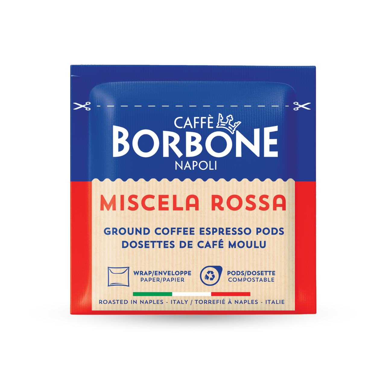 Front of Individual Packaging of Caffe Borbone's ESE paper pod  Best Italian Espresso in Miscela Rossa (Red Blend)
