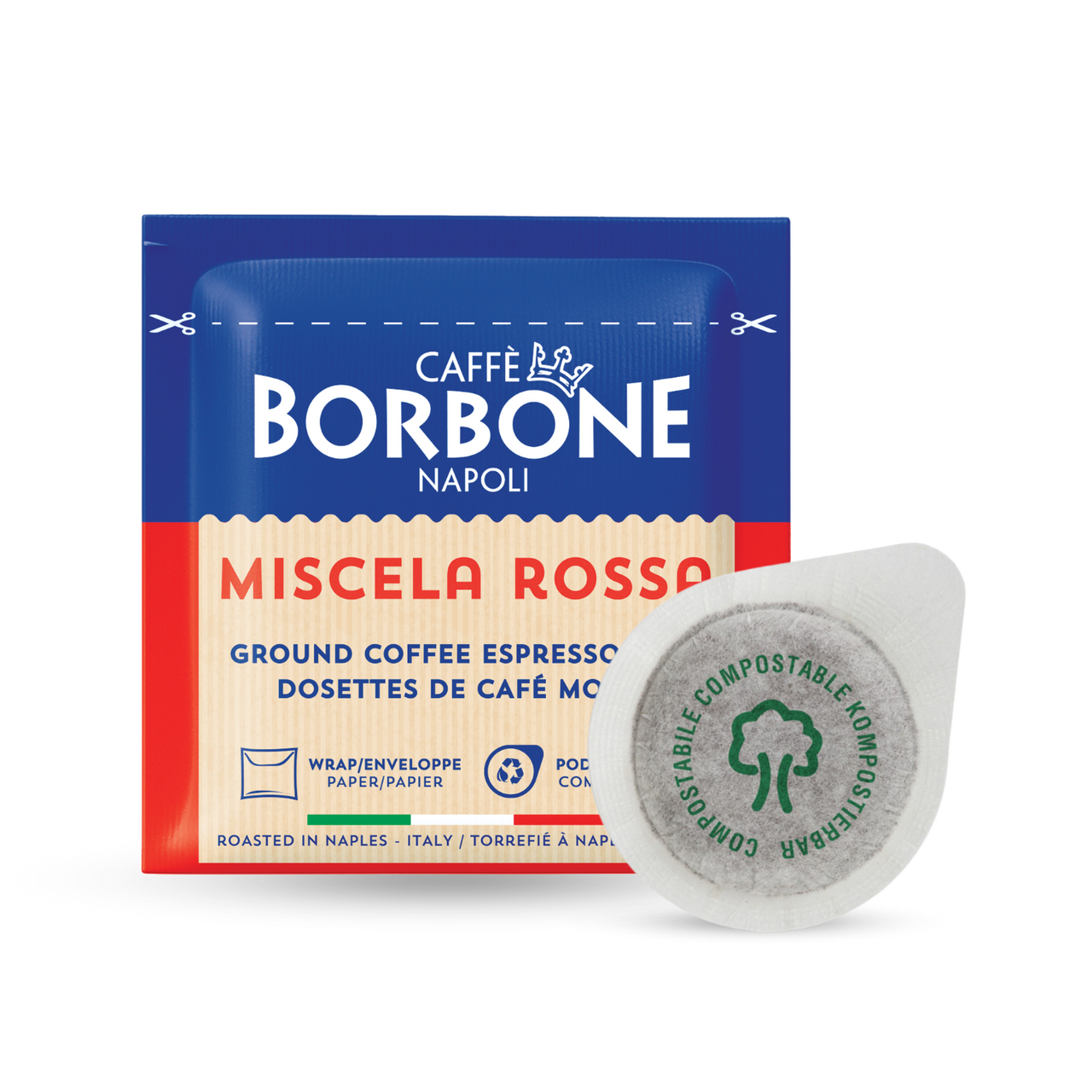Caffe Borbone's ESE paper pod in Miscela Rossa (Red), packaging and paper pod are shown slightly overlapping