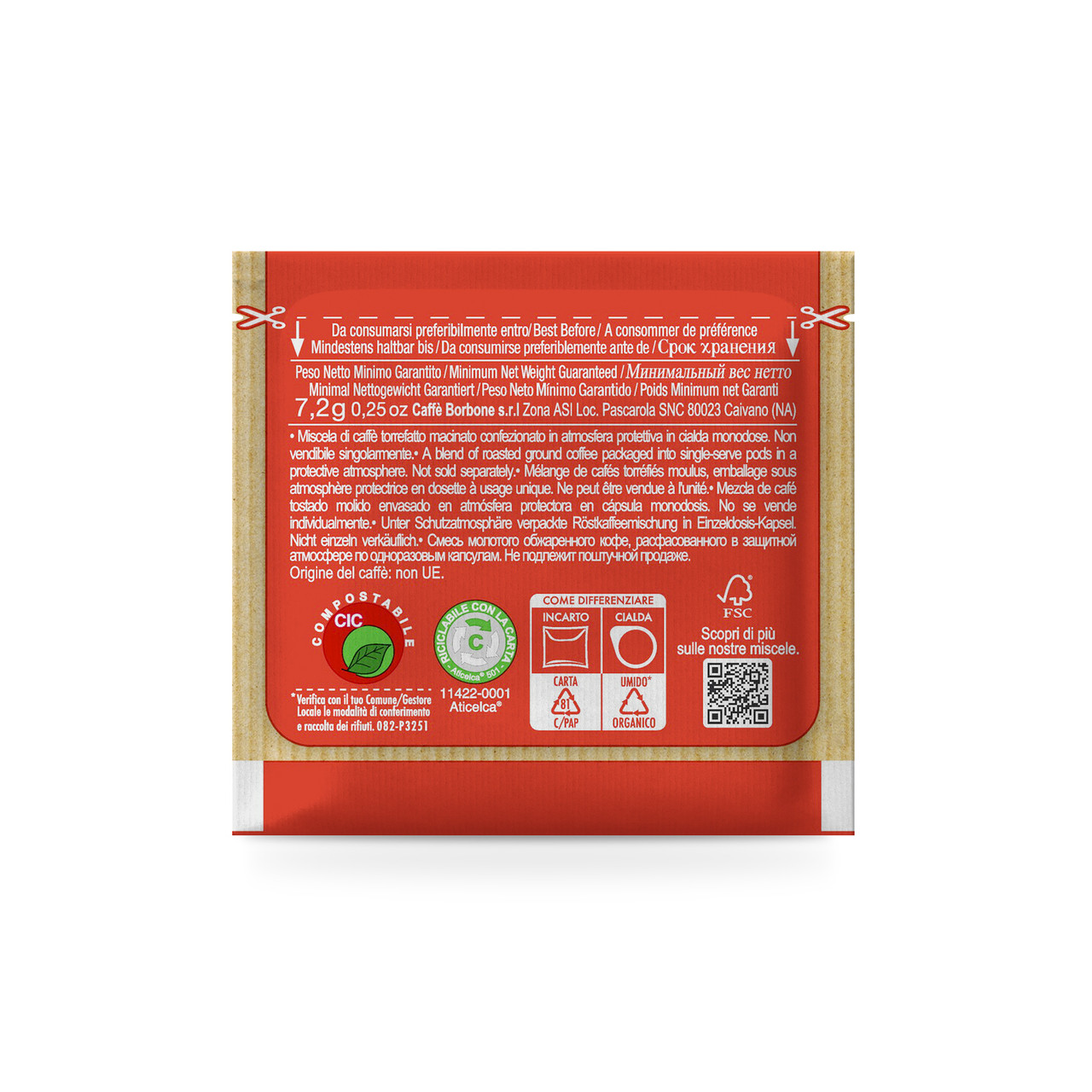 Back of Individual Packaging of Caffe Borbone's ESE paper pod in Miscela Rossa (Red) Back of Individual Packaging of Caffe Borbone's ESE paper pod in Miscela Rossa (Red)