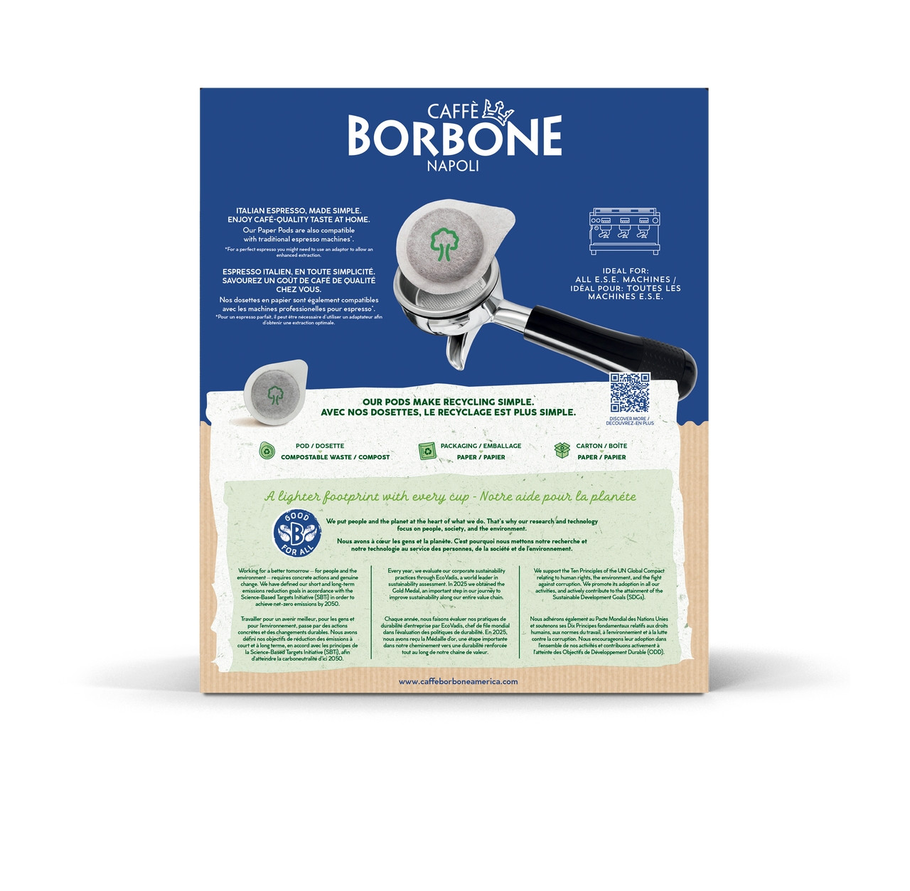 Caffe Borbone Miscela Oro - Espresso Paper Pods, product packaging displaying a coffee portafilter with a paper pod insert and recycling information. - mobile gallery view