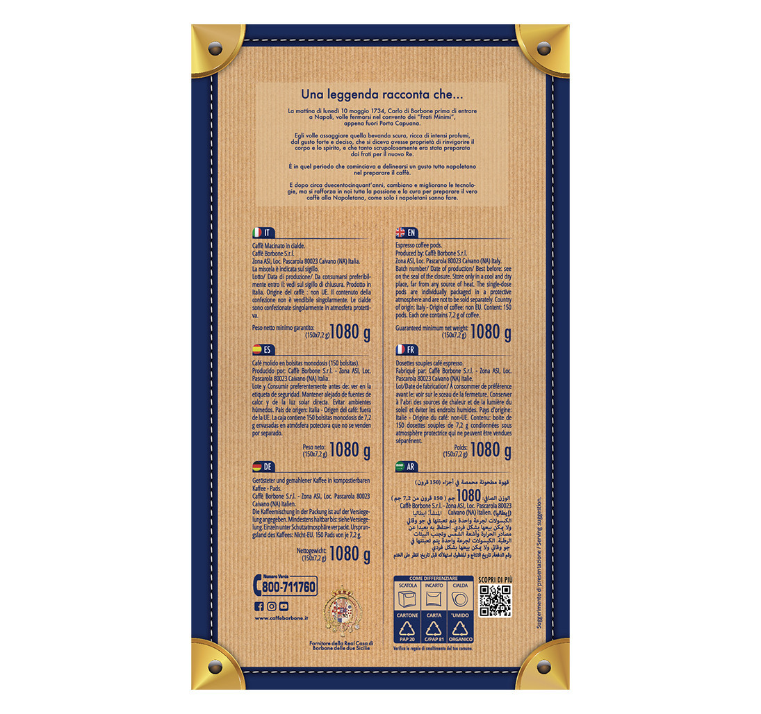 Caffe Borbone Miscela Oro - Espresso Paper Pods, product packaging back side with detailed description and information.