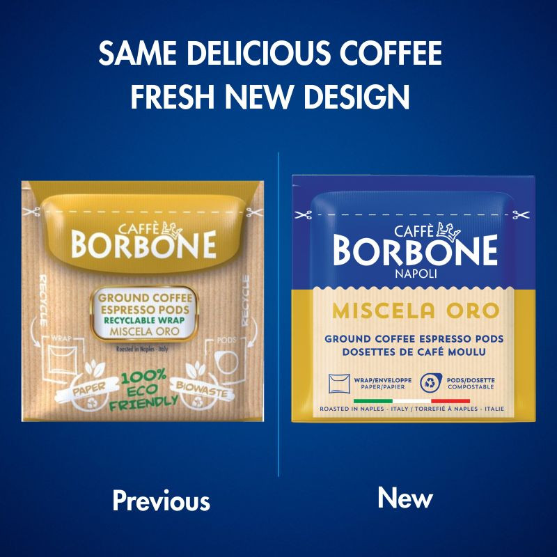 Graphic showing the difference in the packaging. the old packaging was brown and gold and the new packaging is blue on top and gold on the bottom - mobile gallery view