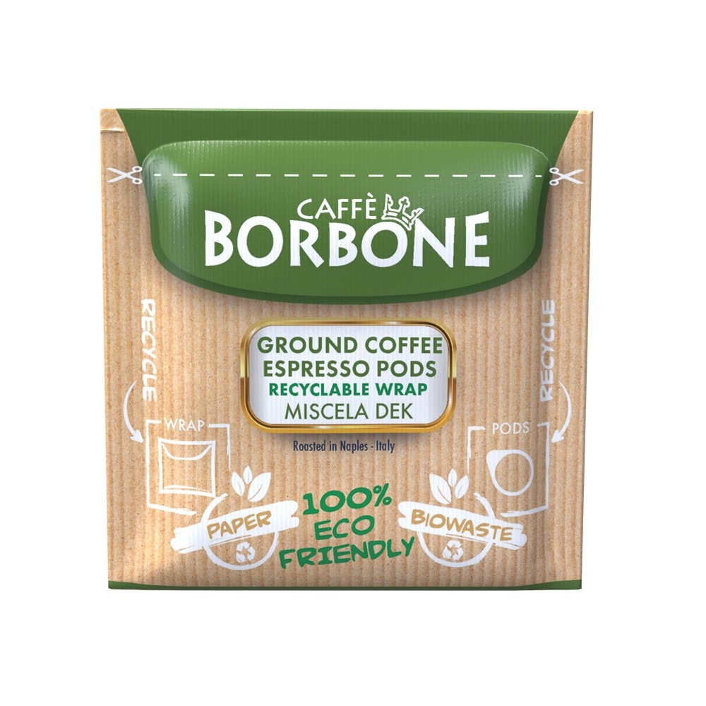 Caffe Borbone Miscela DEK (Decaf) - Espresso Paper Pods, eco-friendly recyclable coffee pods in a green and beige packaging, featuring biodegradable wrap and recyclable paper materials for sustainable coffee brewing.