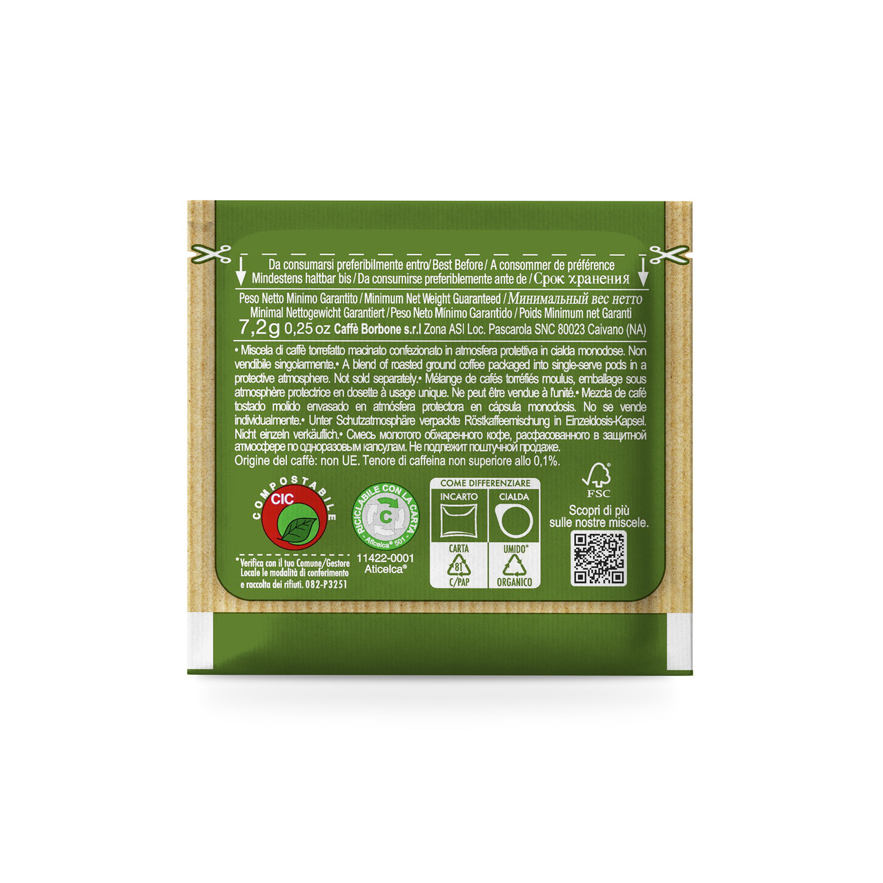 back of an individually wrapped Caffe Borbone paper pod espresso, green Blend, decaffeinated back of an individually wrapped Caffe Borbone paper pod espresso, green Blend, decaffeinated