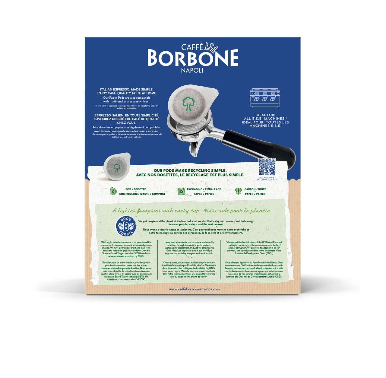 Back of the outer carton of Caffe Borbone ESE Esso Paper pods