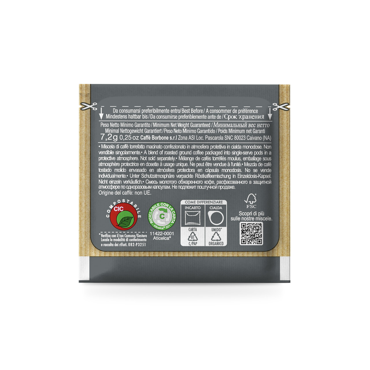 back of an individually wrapped Caffe Borbone paper pod espresso back of an individually wrapped Caffe Borbone paper pod espresso