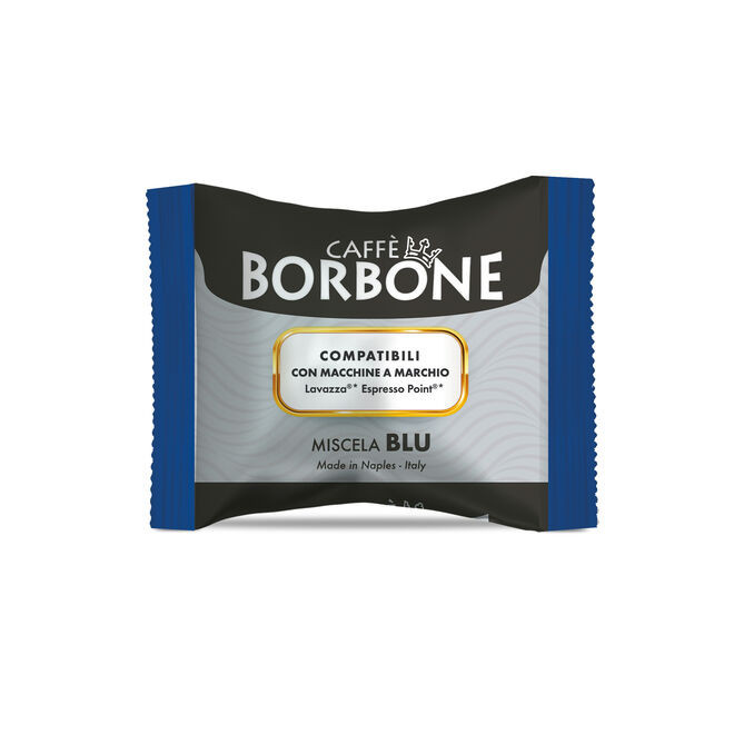 Caffe Borbone Miscela Blu - Lavazza Espresso Point® Machine Compatible Capsules, close-up of the coffee capsule packaging in black, blue, and white with gold accents.